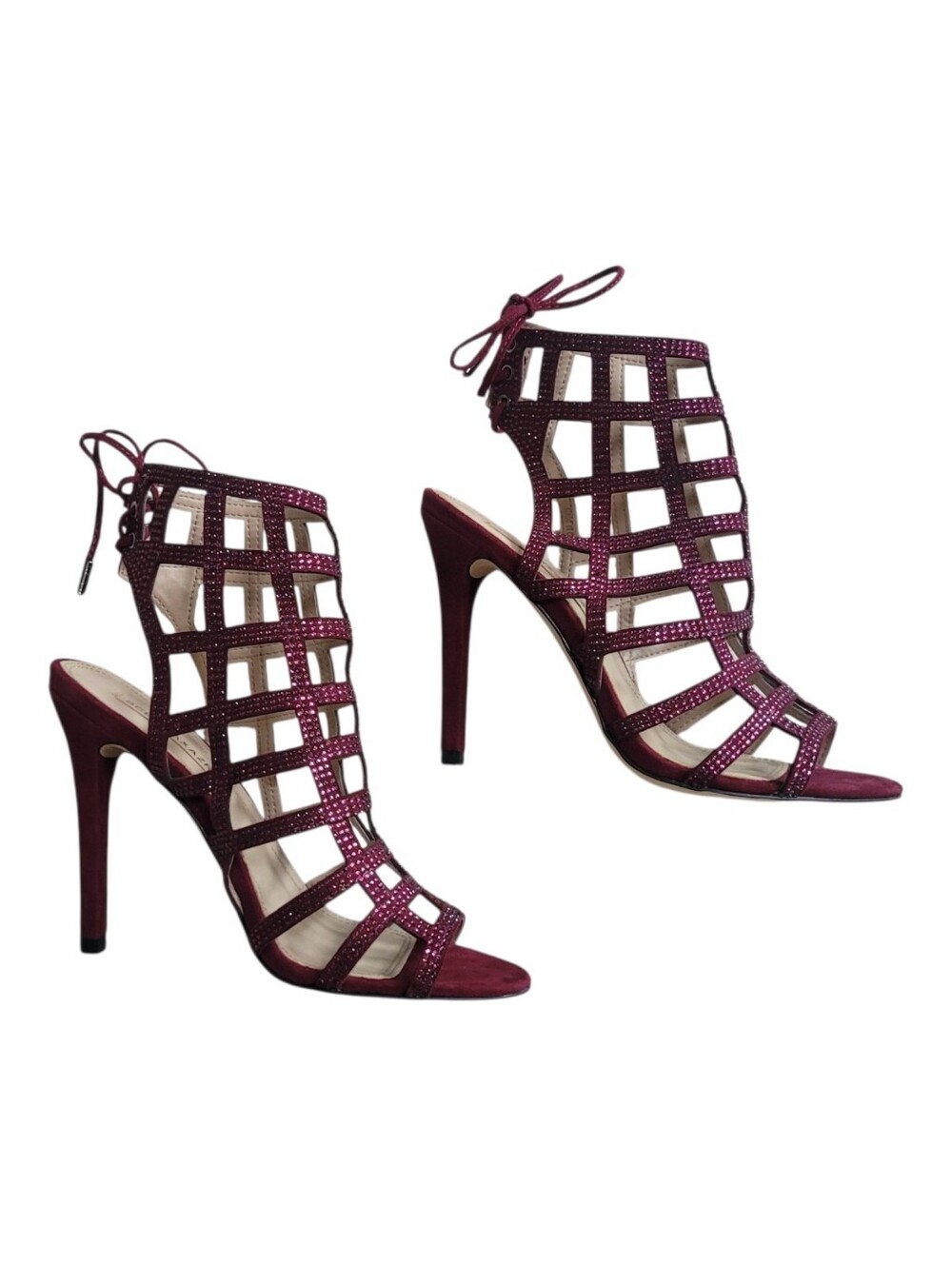 *NWT* BCBGMaxAzria Burgundy Cage Lace-Up Stiletto Sandals Statement Size 7
